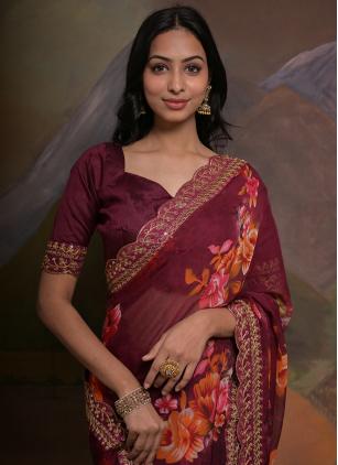 
                      Georgette Wine Border Trendy Saree