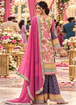 
                      Multi Colour Aari Work Faux Crepe Palazzo Salwar Kameez