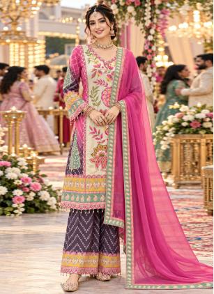
                      Multi Colour Aari Work Faux Crepe Palazzo Salwar Kameez
