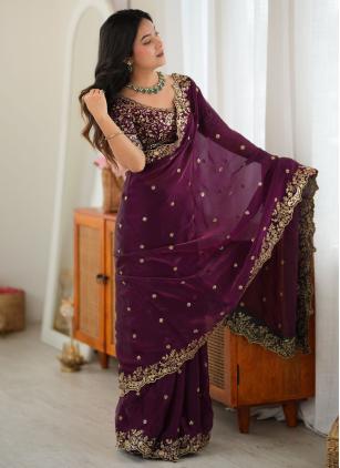 
                      Casual Wine Embroidered Trendy Saree For Festive Wear
