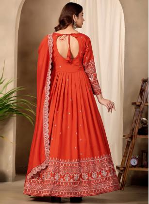 
                      Ceremonial Orange Embroidered Art Silk Readymade Salwar Kameez