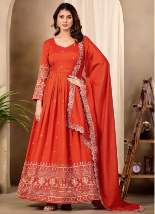 
                      Ceremonial Orange Embroidered Art Silk Readymade Salwar Kameez
