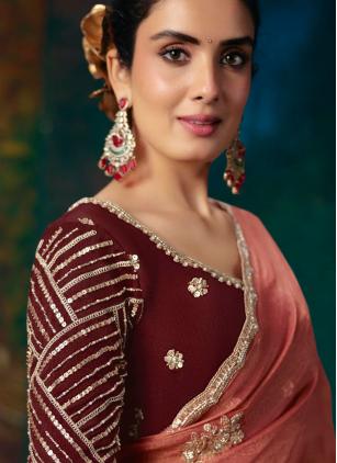 
                      Peach Beads Fancy Fabric Contemporary Saree