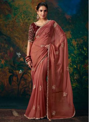
                      Peach Beads Fancy Fabric Contemporary Saree
