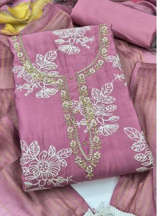 
                      Cotton Silk Pink Embroidered Pant Style Suit