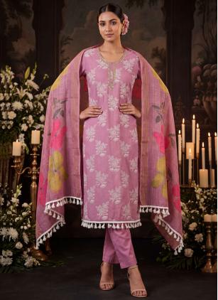 
                      Cotton Silk Pink Embroidered Pant Style Suit