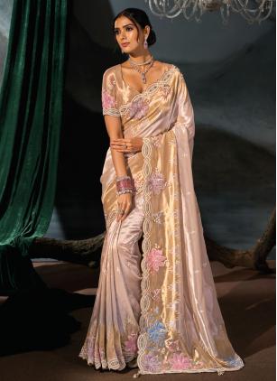 
                      Cream Embroidered Cut Dana Work Silk Saree