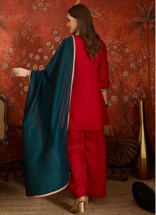 
                      Embroidered Vichitra Silk Red Trendy Salwar Kameez