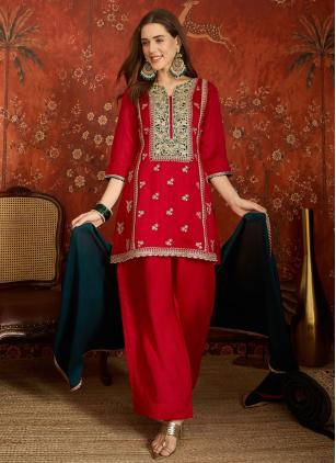 
                      Embroidered Vichitra Silk Red Trendy Salwar Kameez
