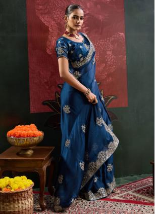 
                      Glorious Festival Blue Chiffon Satin Saree