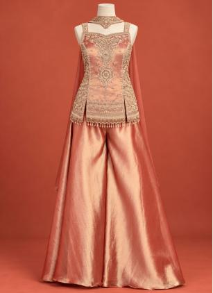 Festival Peach Beads Kanjivaram Silk Palazzo Salwa
