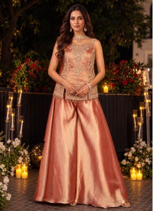 Festival Peach Beads Kanjivaram Silk Palazzo Salwa