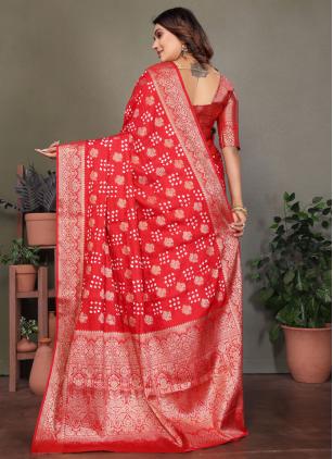 
                      Festival Red Jacquard Work Satin Silk Trendy Handmade Bandhej Saree