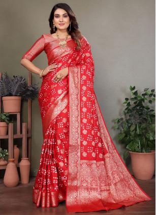 
                      Festival Red Jacquard Work Satin Silk Trendy Handmade Bandhej Saree