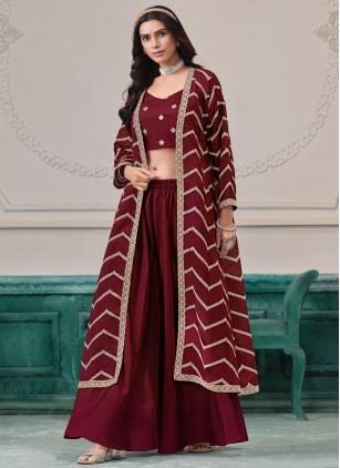 
                      Glorious Maroon and Rani Chinon Readymade Style Suit