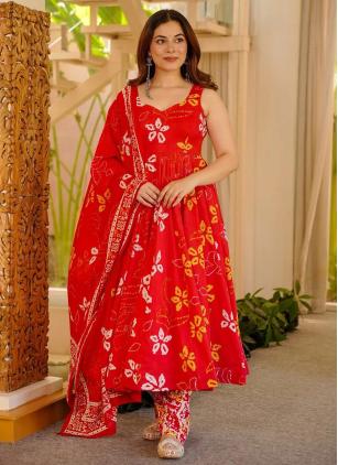 
                      Plus Size Muslin Digital Print Red Anarkali Salwar Kameez