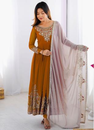 
                      Embroidered Mustard Georgette Trendy Salwar Kameez