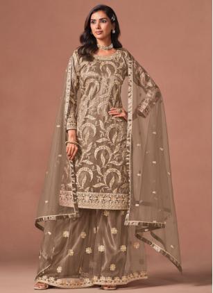 
                      Net Embroidered Brown Palazzo Salwar Kameez
