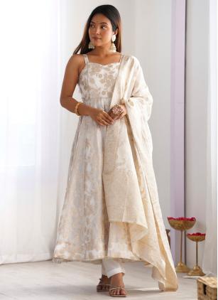 
                      Off White Jacquard Silk Anarkali Salwar Kameez