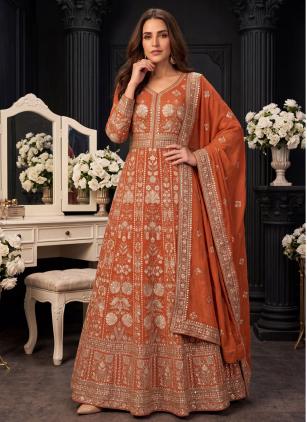 
                      Orange Georgette Embroidered Designer Engagement Gown
