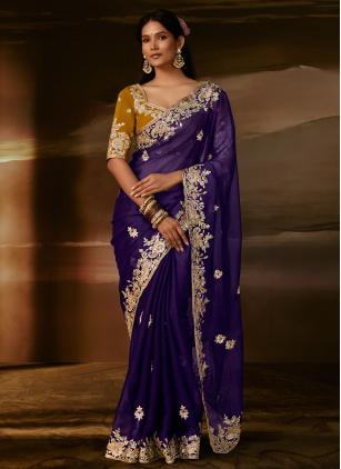 
                      Glorious Purple Aari And Gota Work Organza Trendy Saree