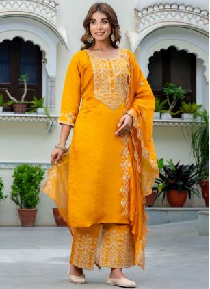 
                      Glorious Silk Blend Embroidered Yellow Salwar Suit