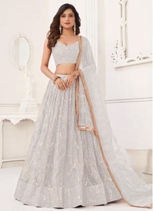 
                      Net Sequins Thread Embroidered White Designer Lehenga Choli