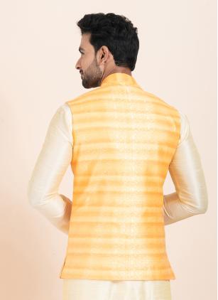 
                      Yellow Jacquard Work Cotton Nehru Jacket for Men