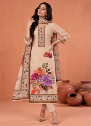 
                      Casual Cream Embroidered Cotton Pant Style Suit