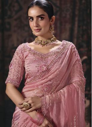 
                      Ceremonial Pink Beads Sequins Work Contemporary Saree
