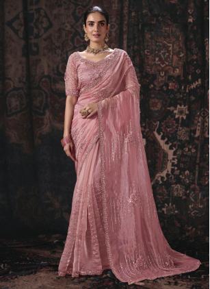 
                      Ceremonial Pink Beads Sequins Work Contemporary Saree