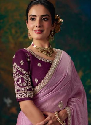 
                      Ceremonial Pink Beads Work Fancy Fabric Classic Saree