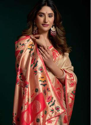 
                      Cream Fancy Tissue Classic Paithani Saree