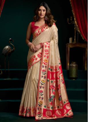 
                      Cream Fancy Tissue Classic Paithani Saree