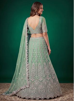 
                      Dori, Sequins and Zari Work Sea Green Net Designer Lehenga Choli