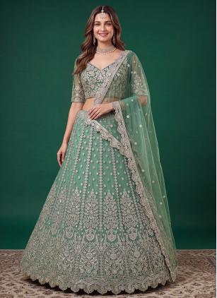 
                      Dori, Sequins and Zari Work Sea Green Net Designer Lehenga Choli