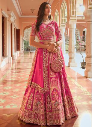 
                      Bridal Embroidered Pink Banarasi Lehenga Choli