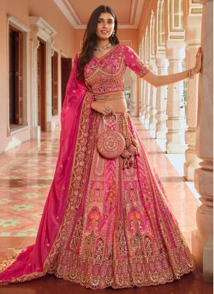 
                      Bridal Embroidered Pink Banarasi Lehenga Choli
