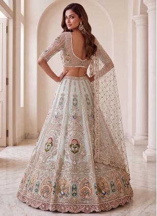 
                      Embroidered Sea Green Net Designer Lehenga Choli With Dupatta