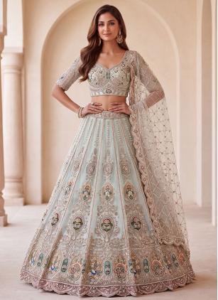 
                      Embroidered Sea Green Net Designer Lehenga Choli With Dupatta