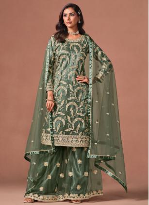 
                      Net Embroidered Green Pakistani Salwar Kameez