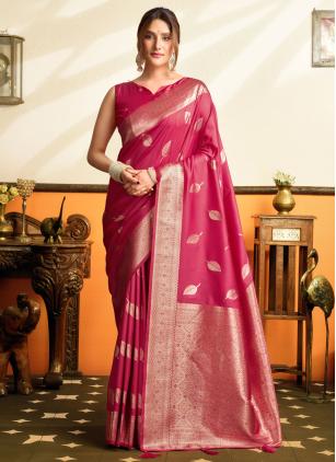 
                      Pink Woven Silk Sangeet Saree