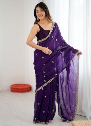 
                      Purple Embroidered Fandy Trendy Party Wear Saree