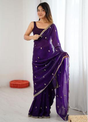 
                      Purple Embroidered Fandy Trendy Party Wear Saree