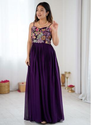 
                      Purple Embroidered Pure Georgette Designer Gown