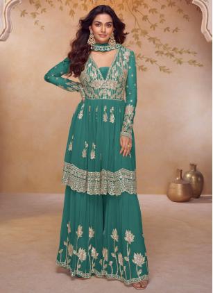 
                      Sea Green Embroidered Chinon Readymade Salwar Kameez