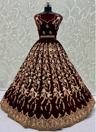 
                      Maroon Velvet Embroidered Lehenga Choli for Reception