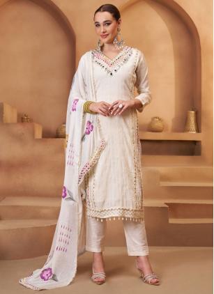 
                      White Fancy Cotton Mirror and Thread Work Salwar Suit