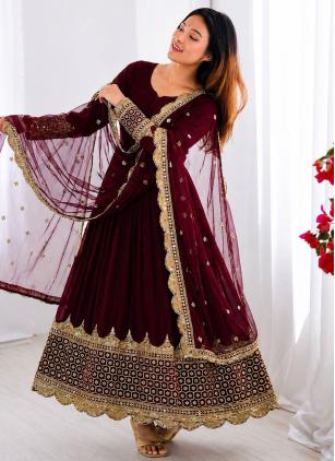 
                      Wine Faux Georgette Embroidered Designer Gown
