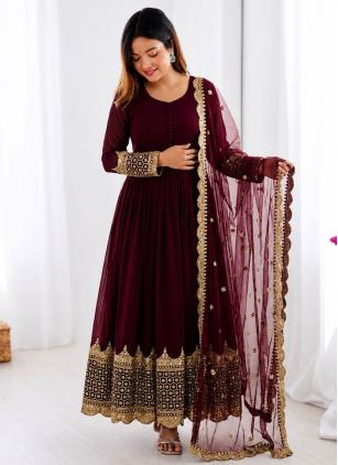 
                      Wine Faux Georgette Embroidered Designer Gown